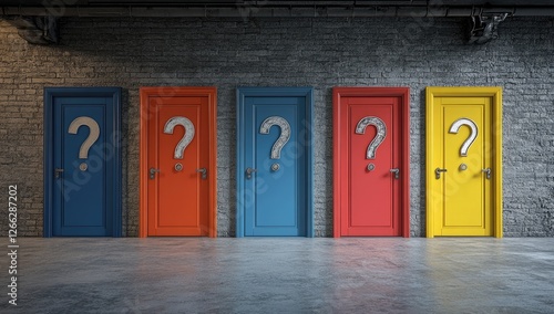Industrial space, five colorful doors with question marks, choices,  and indecision