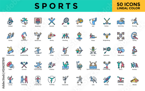 Sports icon set with football, soccer, basketball, baseball, tennis, volleyball, golf, hockey, swimming, running icon. Simple lineal color vector 
