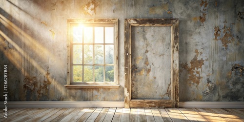 Wallpaper Mural Sunlit Rustic Interior A Room with Aged Walls, Wooden Floor, and Window Showing a Verdant Landscape Torontodigital.ca