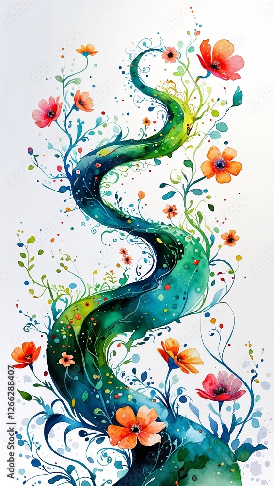 Obraz premium Spiraling Abstract Vines and Flowers watercolor in Fantasy & Abstract on plain white background