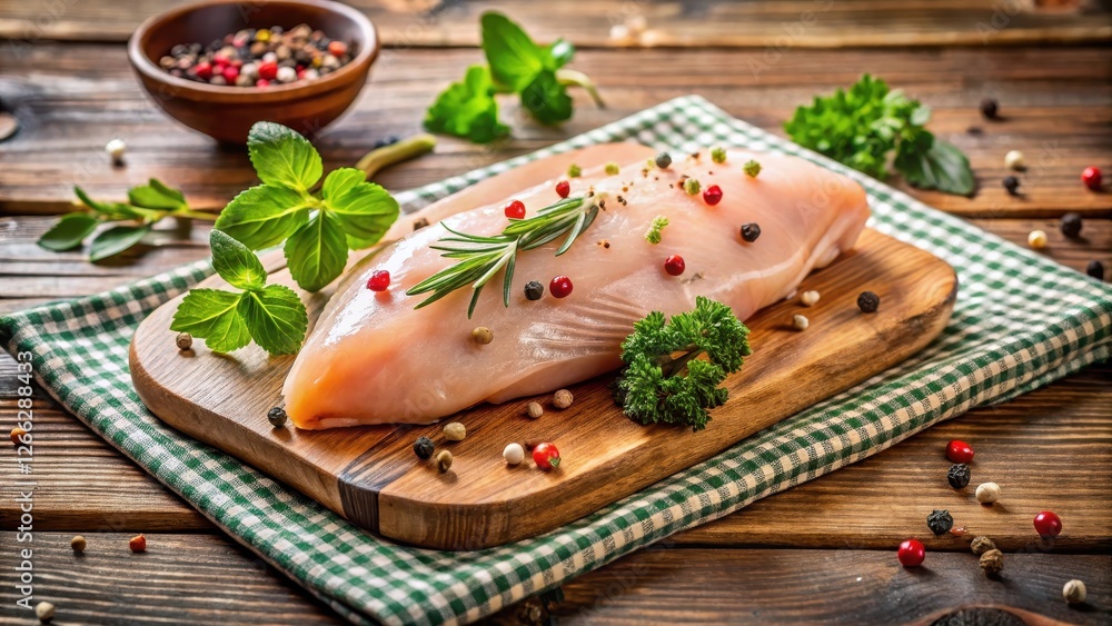 Fresh chicken fillet with spices on a wooden cutting board Fresh chicken fillet with spices on a wooden cutting board