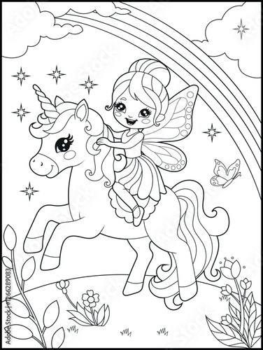 Black and white fairy coloring pages for kids. Children's coloring books with cute cartoon fairy and unicorn characters, fun and educational materials for kindergarten.
