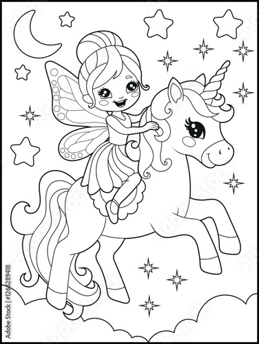 Black and white fairy coloring pages for kids. Children's coloring books with cute cartoon fairy and unicorn characters, fun and educational materials for kindergarten.
