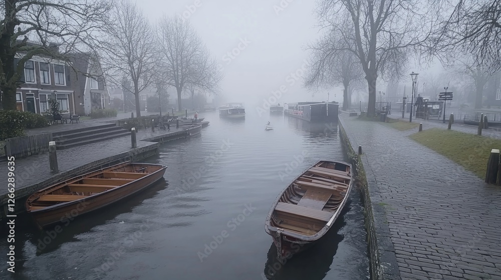 Obraz premium Misty canal scene, Dutch town, quiet morning