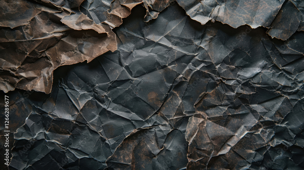 Crumpled black and brown paper texture with deep creases and folds, creating dramatic and artistic background. Ideal for design projects or as backdrop Crumpled black and brown paper texture with deep creases and folds, creating dramatic and artistic background. Ideal for design projects or as backdrop