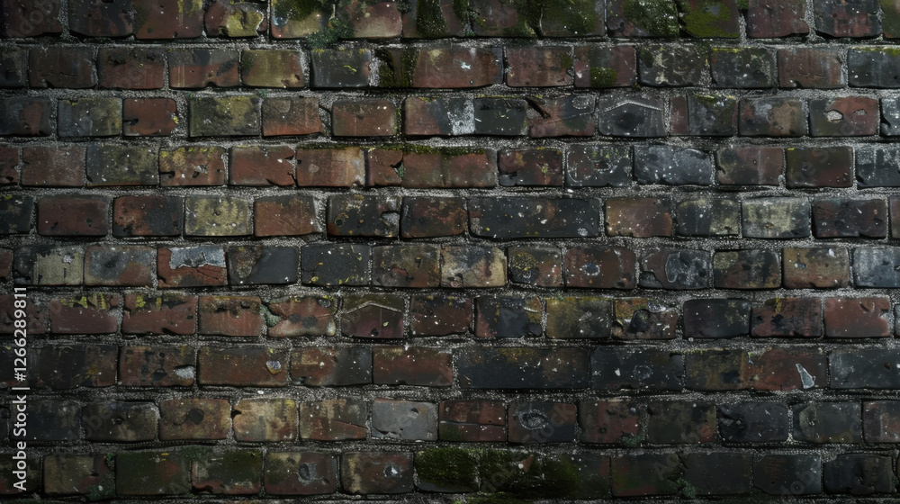 Obraz premium weathered brick wall with moss and dirt, showcasing rustic texture and earthy tones. uneven surface adds character and depth to structure