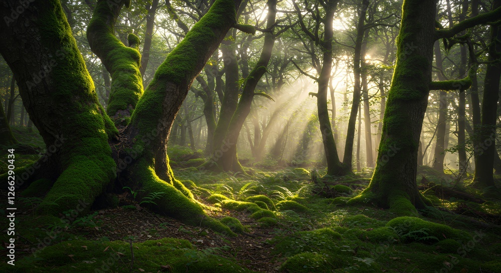Obraz premium Sunlight Streaming Through Mossy Forest Creating Magical Natural Environment