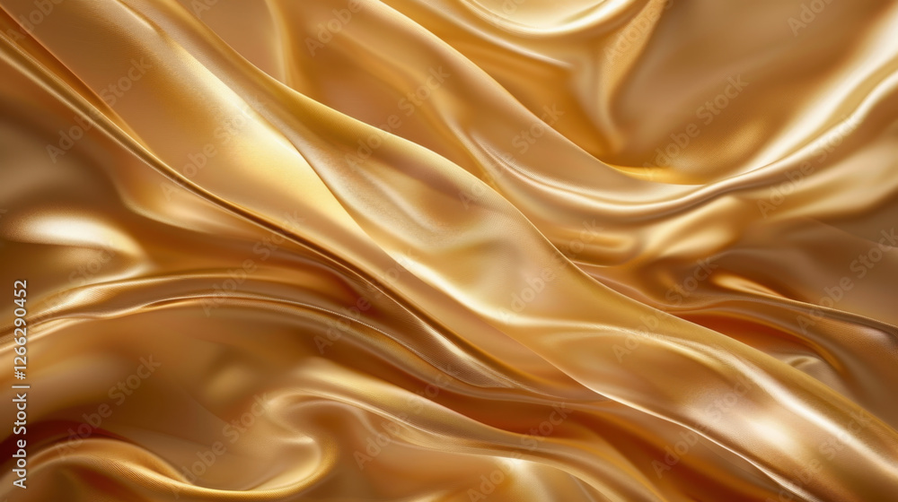 Fototapeta premium Luxurious golden silk fabric with smooth, flowing texture and elegant drapes. shimmering surface creates sense of opulence and warmth, perfect for various design applications