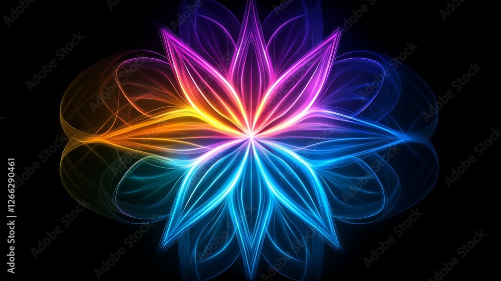 Radiant Abstract Fractal Flower Design with Vibrant Light Effects on Black Background Radiant Abstract Fractal Flower Design with Vibrant Light Effects on Black Background