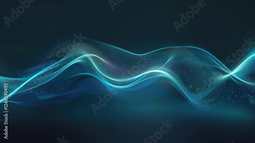 Abstract blue wave design with glowing particles and smooth curves, creating sense of motion and depth in dark background