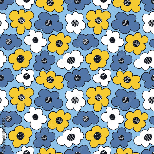 Floral Print with Outline White Blue Yellow Black Flowers. Seamless Memphis Pattern with Decorative Flowers on Blue Background. Sample can be used for Fabric, Cover, Mugs, Wrapping Paper. Vector Image