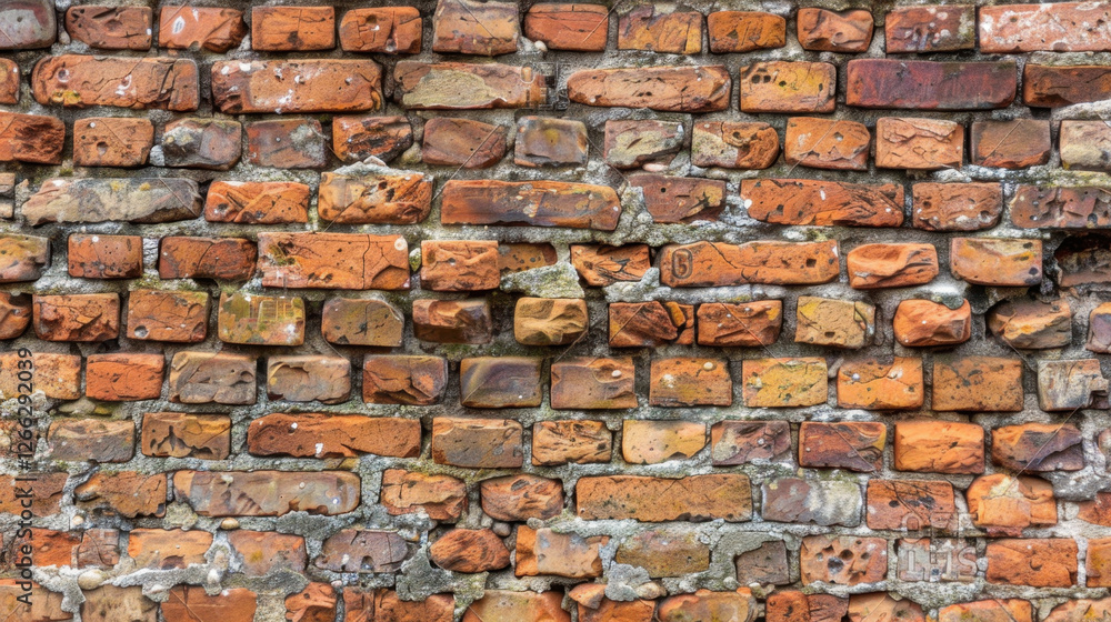 Fototapeta premium Old brick wall with various textures and colors, showcasing rustic appearance and historical charm. weathered bricks create unique pattern and character