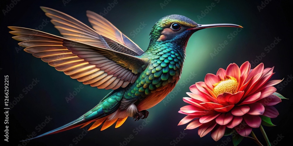 Obraz premium Vibrant Hummingbird in Flight Near a Striking Red Bloom, a Captivating Display of Nature's Artistic Beauty