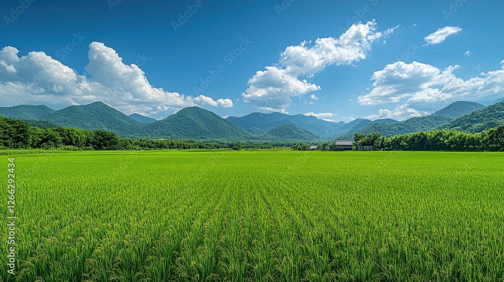 Lush green rice field under a bright blue sky with distant mountains and scattered clouds Lush green rice field under a bright blue sky with distant mountains and scattered clouds