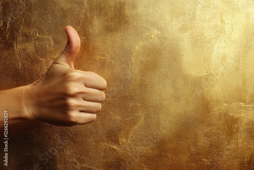 Human hand giving a thumbs up on gold background photo