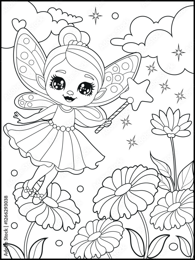 Fototapeta premium Black and white fairy coloring pages for kids. Children's coloring books with cute cartoon fairy characters, fun and educational materials for kindergarten. 
