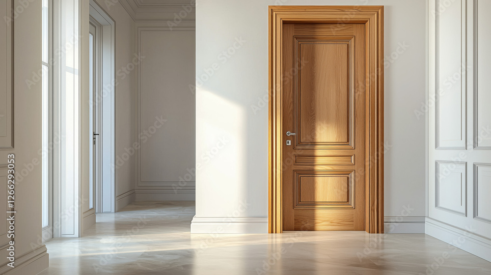 Fototapeta premium Simple French Villa house interior wooden Door with small white corridor to living room. natural oak wood timber panel door and frame, entrance door in natural oak wood finish, all white walls