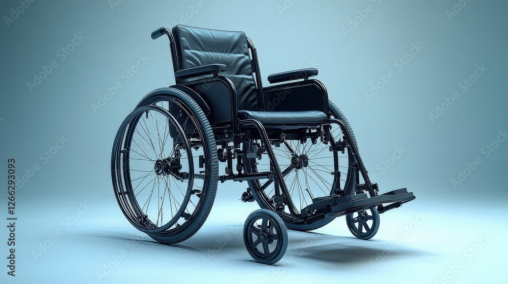 Fototapeta premium Modern wheelchair positioned on a soft gradient background, highlighting its sleek design and functionality