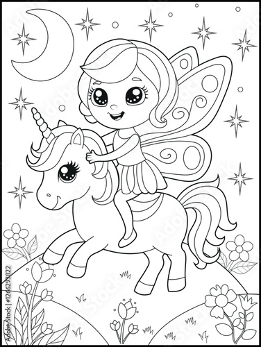 Black and white fairy coloring pages for kids. Children's coloring books with cute cartoon fairy and unicorn characters, fun and educational materials for kindergarten.
