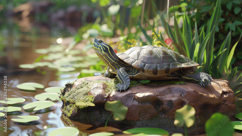 3D render of turtle sunbathing on clay rock surrounded by water lilies, showcasing serene natural environment 3D render of turtle sunbathing on clay rock surrounded by water lilies, showcasing serene natural environment