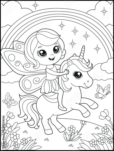 Black and white fairy coloring pages for kids. Children's coloring books with cute cartoon fairy and unicorn characters, fun and educational materials for kindergarten.
