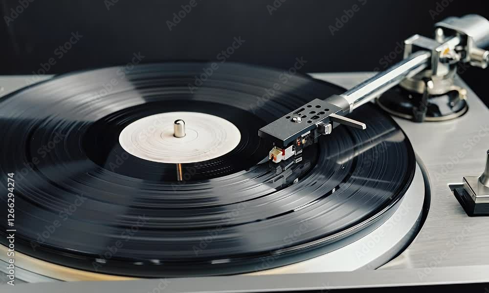Closeup turntable playing vinyl record on dark background