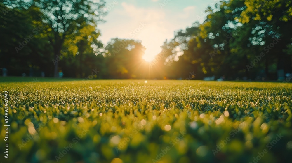 Fototapeta premium Sunset park grass close-up, people relaxing