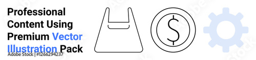 Shopping bag, dollar sign, and gear symbol suggest business, commerce, automation, and technology. Ideal for e-commerce, fintech, marketing development consumer goods analytics flat landing page