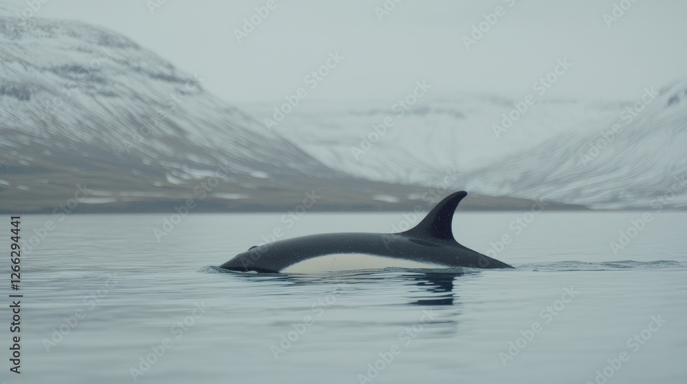 Fototapeta premium Orca swimming snowy fjord, Iceland, wildlife documentary