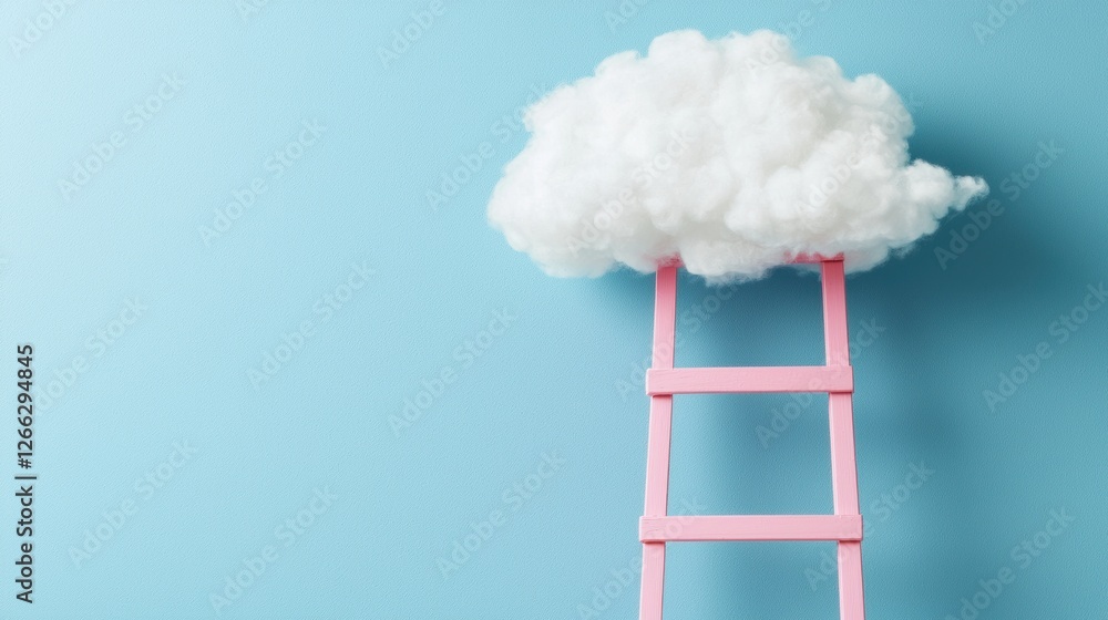 Creative concept of a pink ladder reaching for a cloud against a light blue background inspirational artwork studio environment Creative concept of a pink ladder reaching for a cloud against a light blue background inspirational artwork studio environment