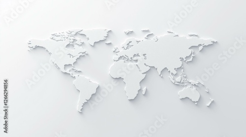 A minimalist white world map with clean lines and soft shadows on a light background