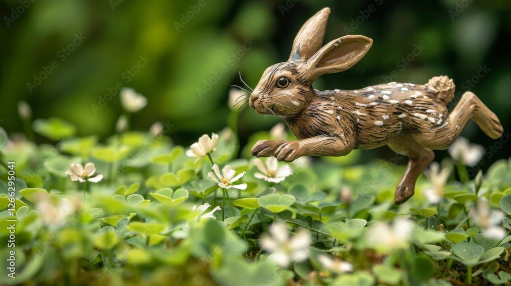 charming clay bunny hopping through lush green foliage and flowers, evoking sense of joy and playfulness charming clay bunny hopping through lush green foliage and flowers, evoking sense of joy and playfulness