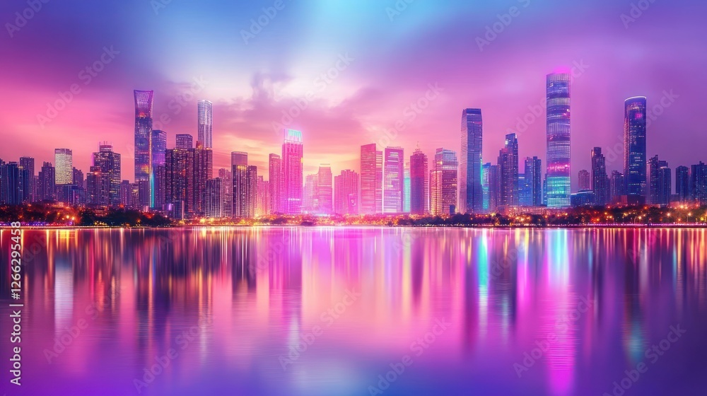 Vibrant City Skyline Reflected in Calm Waters at Dusk Vibrant City Skyline Reflected in Calm Waters at Dusk