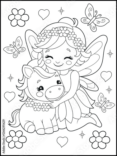 Black and white fairy coloring pages for kids. Children's coloring books with cute cartoon fairy and unicorn characters, fun and educational materials for kindergarten.
