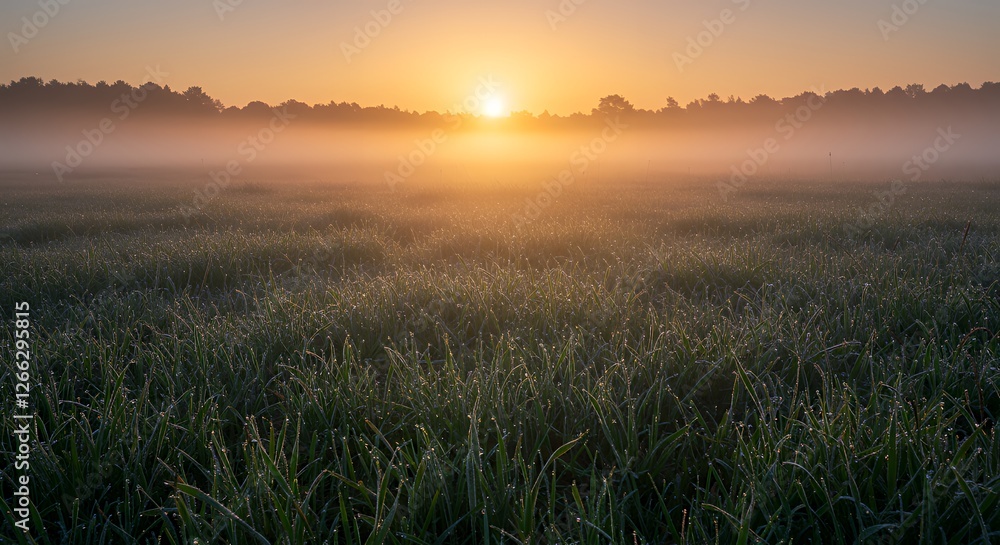 Fototapeta premium Sunrise Over Foggy Meadow with Dew Drops on the Grass