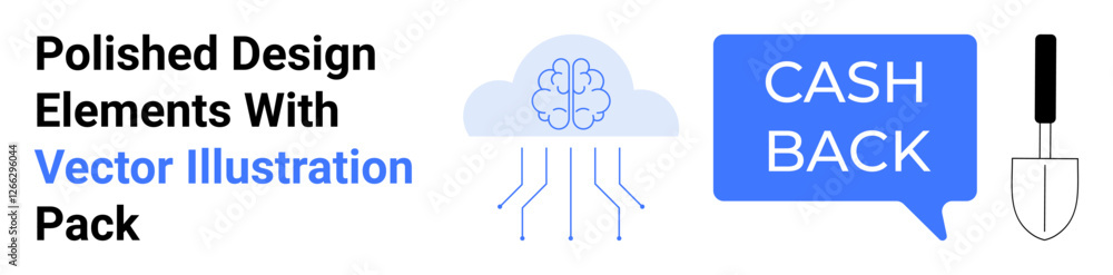 Brain-powered cloud, cashback speech bubble, and spade icon for cashback, AI, ecommerce, finance, gardening, promotions and technology. Ideal for flat landing page banner Brain-powered cloud, cashback speech bubble, and spade icon for cashback, AI, ecommerce, finance, gardening, promotions and technology. Ideal for flat landing page banner