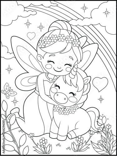 Black and white fairy coloring pages for kids. Children's coloring books with cute cartoon fairy and unicorn characters, fun and educational materials for kindergarten.
