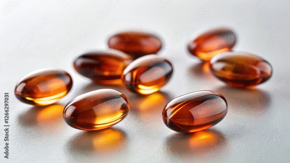 Amber-hued capsules scattered on a smooth surface, showcasing their translucent nature and glossy sheen. Amber-hued capsules scattered on a smooth surface, showcasing their translucent nature and glossy sheen.