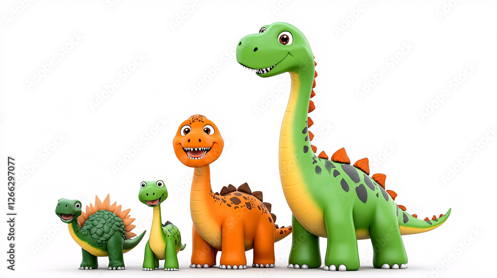 Fototapeta premium Playful dinosaur family featuring brachiosaurus, stegosaurus, and other friendly dinosaurs in vibrant colors. Perfect for children themes and educational content