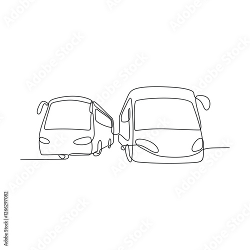 One continuous line drawing of bus station activity vector design illustration. Land transportation design in simple linear style concept. Bus, driver and tourist activity in the bus station for asset