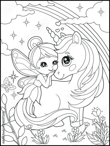 Black and white fairy coloring pages for kids. Children's coloring books with cute cartoon fairy and unicorn characters, fun and educational materials for kindergarten.
