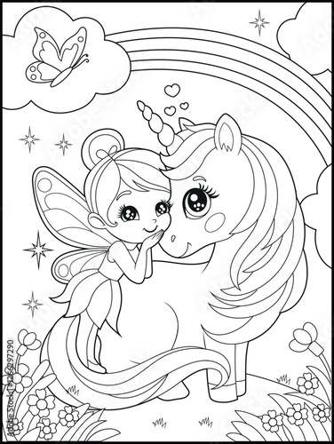 Black and white fairy coloring pages for kids. Children's coloring books with cute cartoon fairy and unicorn characters, fun and educational materials for kindergarten.
