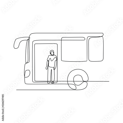 One continuous line drawing of bus station activity vector design illustration. Land transportation design in simple linear style concept. Bus, driver and tourist activity in the bus station for asset