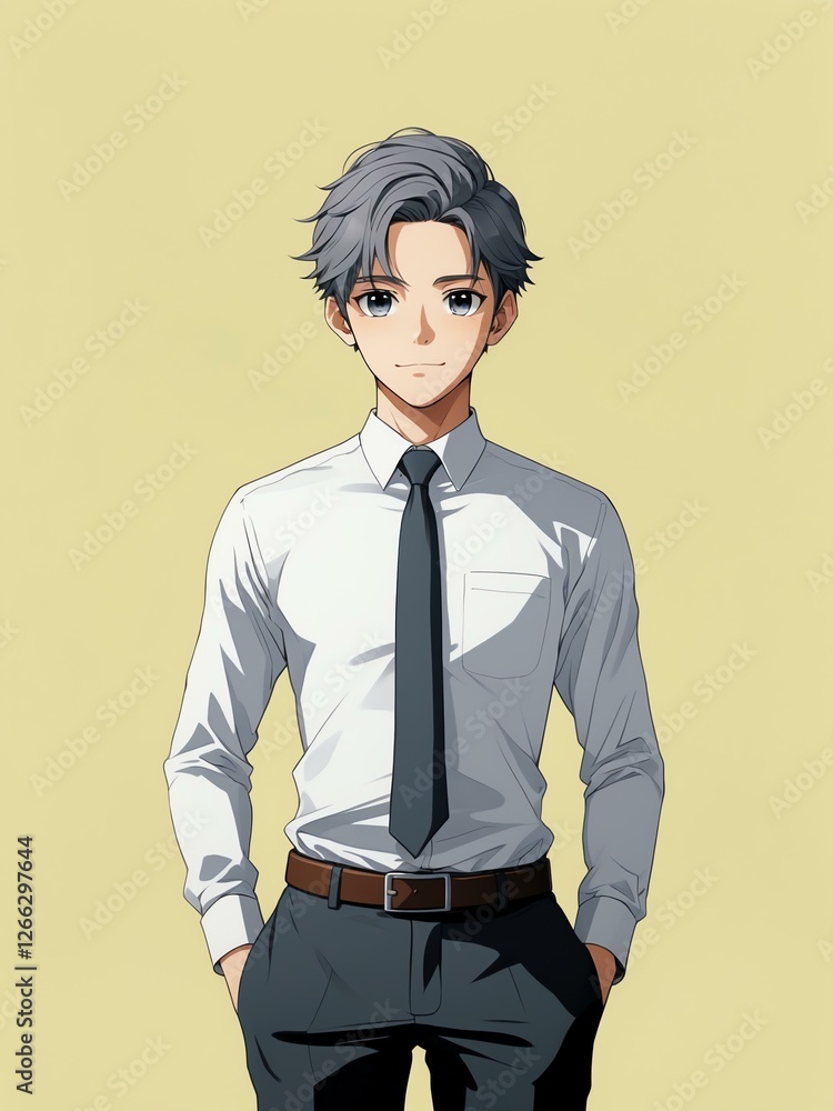 cute office man isolated plain pastel yellow background, anime retro drawing style