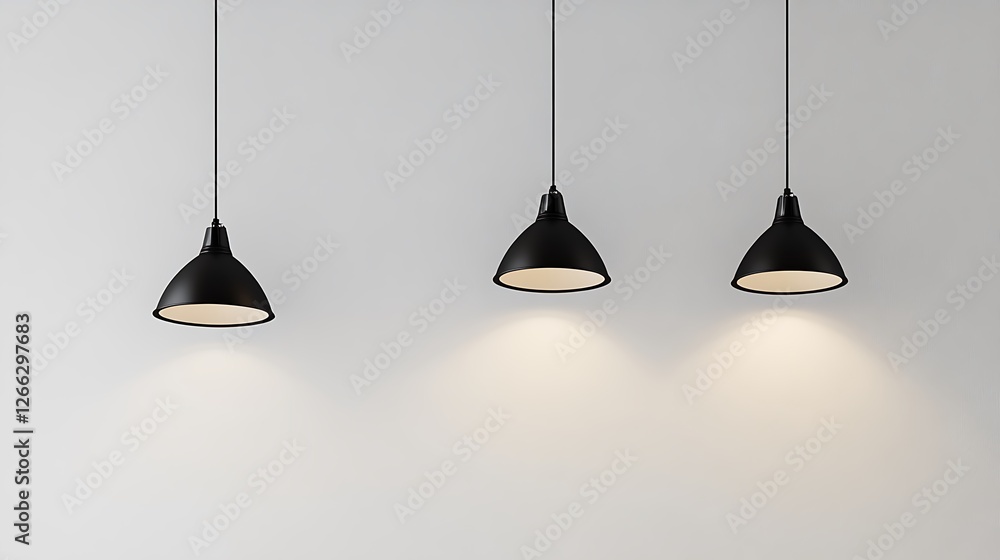 Three minimalist black pendant lights illuminate a white wall. Three minimalist black pendant lights illuminate a white wall.