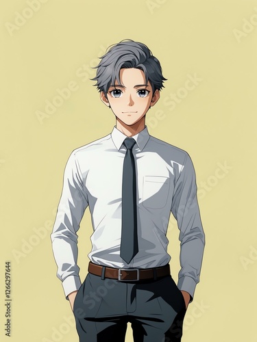 Obraz na płótnie cute office man isolated plain pastel yellow background, anime retro drawing style w salonie