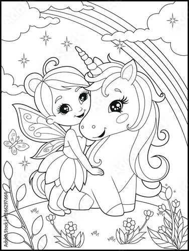 Black and white fairy coloring pages for kids. Children's coloring books with cute cartoon fairy and unicorn characters, fun and educational materials for kindergarten.
