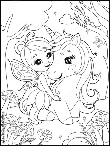 Black and white fairy coloring pages for kids. Children's coloring books with cute cartoon fairy and unicorn characters, fun and educational materials for kindergarten.
