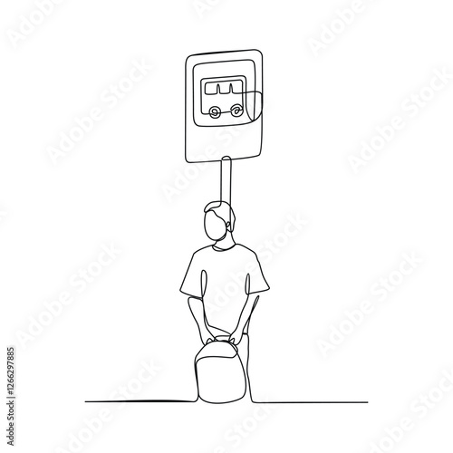 One continuous line drawing of bus station activity vector design illustration. Land transportation design in simple linear style concept. Bus, driver and tourist activity in the bus station for asset