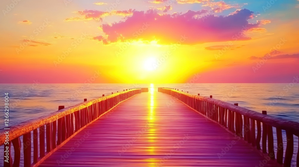 Fototapeta premium Wooden Pier Extending Towards Vibrant Sunset Over Calm Ocean